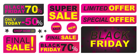 Simple Discount Sale Stickers. Sticker Set. Price stickers. Pink Tags.