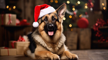 German Shepherd dog on christmas day wearing a christmas hat sat next to a christmas tree