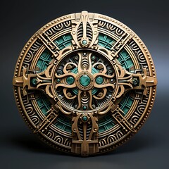 Bronze circle medallion. Alien fantasy style. Illustration. Isolated object.