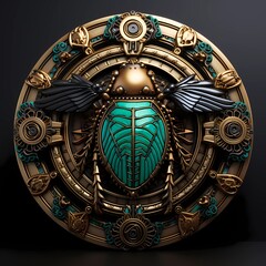 Bronze medallion. Egyptian fantasy style. Scarab. Illustration. Isolated object.