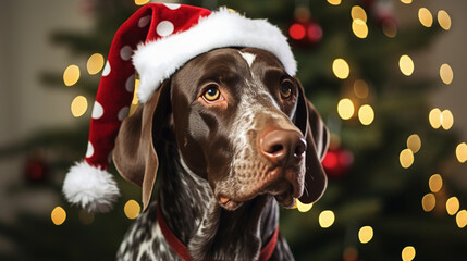 German Shorthaired Pointer dog on christmas day wearing a christmas hat sat next to a christmas tree