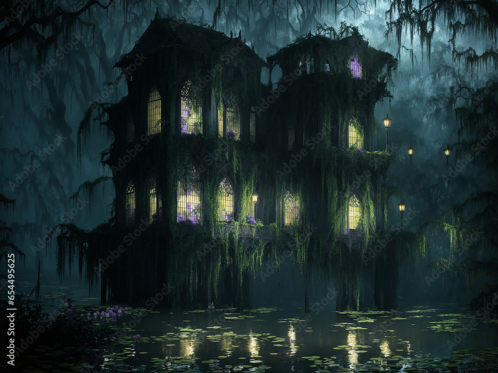 Poster high contrast lantern lights filtering from windows of a swamp folded building - ai generative