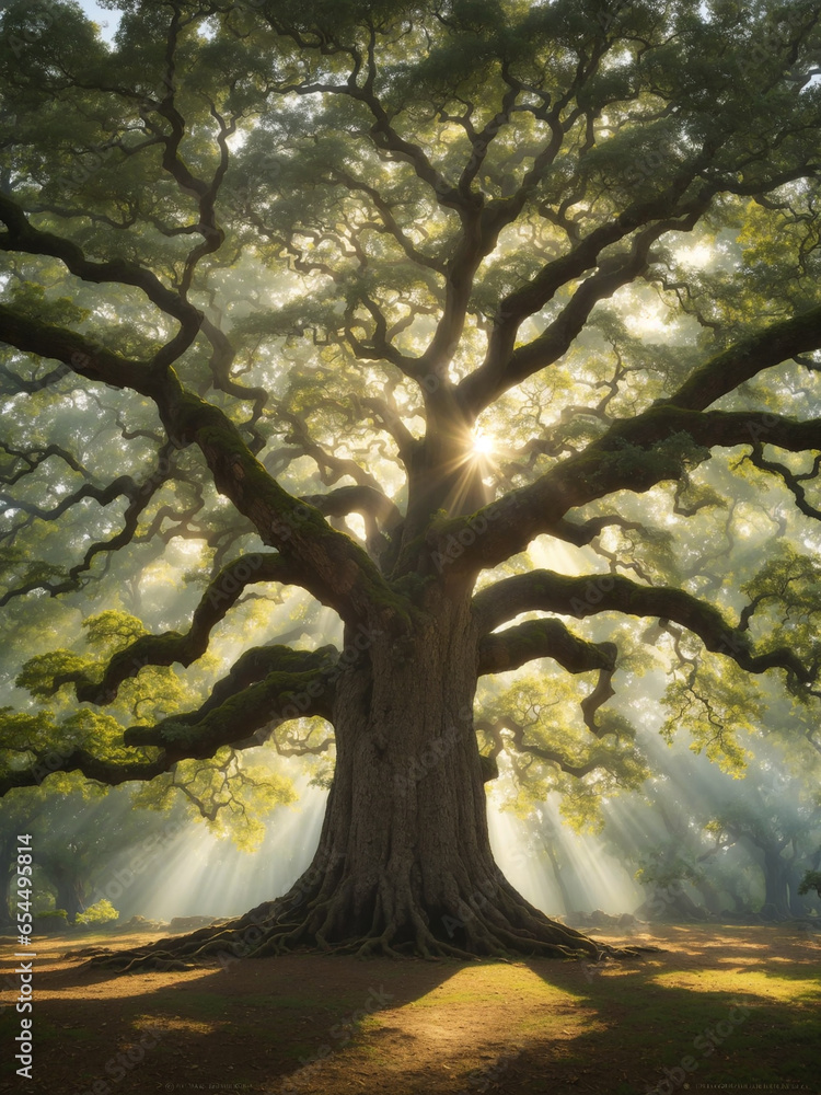 Poster a majestic grove of an ancient oak tree with filtering sunlight - ai generative