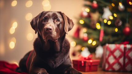 A Labrador dog on christmas day wearing a christmas hat sat next to a christmas tree