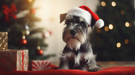 Miniature Schnauzer dog on christmas day wearing a christmas hat sat next to a christmas tree
