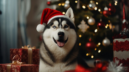 Siberian Husky dog on christmas day wearing a christmas hat sat next to a christmas tree