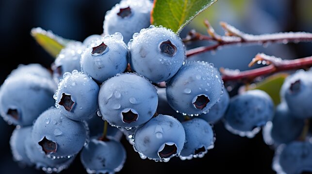 Blueberries close-up, berries covered with snow. Late harvest, threat of bad harvest.