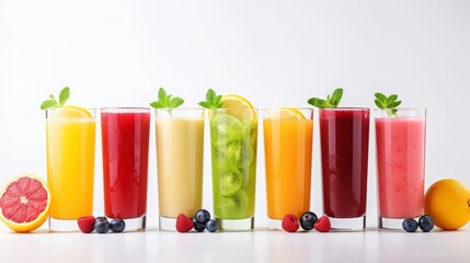 Fresh Fruits juices with fruits. Glasses of Fruits juice with Fruits and mint on white table. Minimalism. AI generated.