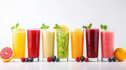 Rolgordijnen Fresh Fruits juices with fruits. Glasses of Fruits juice with Fruits and mint on white table. Minimalism. AI generated. © Magiurg