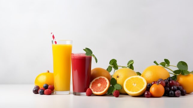 Fresh Fruits juices. Glasses of Fruits juice with Fruits on the table. Healthy and diet food. Minimalism. Photo AI generated.