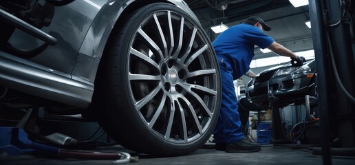 In a garage, an auto mechanic is working on a vehicle. Remedial work. working as a car mechanic in an auto repair shop