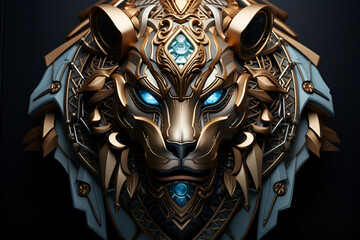 Golden 3D Lion King head with glowing blue eyes. The majestic King of beasts with a lush mane. Leo....