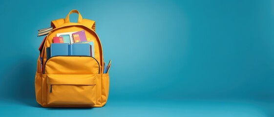 Isolated on a blue background. A full yellow school backpack contains books. returning to school...