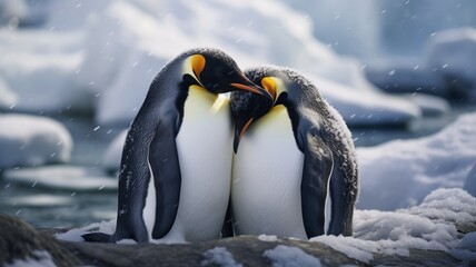 Snowy Embrace A Loving Moment Between Emperor Penguins in Antarctica