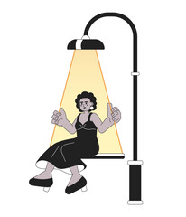 Black woman swing lamp post black and white 2D illustration concept. African american lady swinging under street light isolated cartoon outline character. Magic night metaphor monochrome vector art