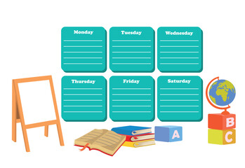 Back to school timetable. Hand drawn. Classroom timetable. Plan note education. Planner, table class. Child, academic template. Organizer paper weekly. Vector illustration.