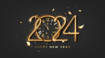 2024 New Year luxury shiny gold numbers, modern design, and a golden 2024 countdown with realistic clock and glitter sparkles - obrazy, fototapety, plakaty