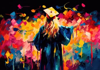 A graduate of a university, college or school receives his or her degree at a graduation ceremony. A crowd of students. Digital art in watercolor style. Illustration for banner, card, cover, brochure. - obrazy, fototapety, plakaty