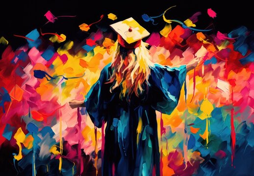 A graduate of a university, college or school receives his or her degree at a graduation ceremony. A crowd of students. Digital art in watercolor style. Illustration for banner, card, cover, brochure.
