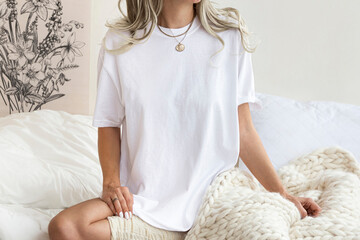 Young girl wearing blank oversized white t shirt mock up 1717 , for home boho designs. White tshirt...