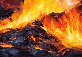 Close-up of flowing lava, top view. Dark texture background. Dangerous nature environment. Eruption of active volcano. Illustration for cover, card, postcard, brochure or advertising.