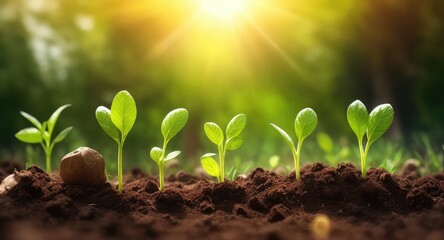 Ecology concept: the seedlings are developing from the fertile soil to the bright morning sunlight. a broad panorama banner. Copy space for text, advertising, message, logo