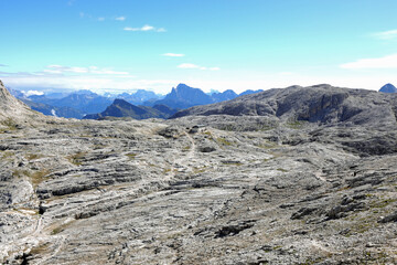 view of the European Alps of the Dolomite group which looks like a lunar rock landscape