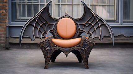 Bat chair concept art for interior design. Bat chair illustration in black, brown and touches of red for Halloween drawn from fantasy.