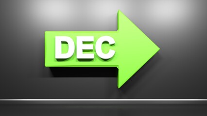 DECfor december on a green arrow to right side - 3D rendering Illustration