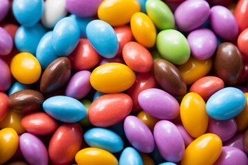 Close up of a pile of colorful chocolate coated candies made with generative AI