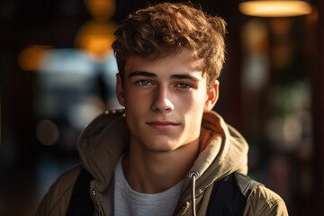 Fototapeta premium Generative AI photo image of a young male person looking at a camera city lights backdrop