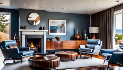 Brown leather chairs and grey sofa in room with fireplace. Mid-century style home interior design of modern living room
