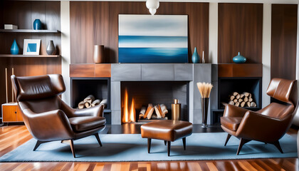 Brown leather chairs and grey sofa in room with fireplace. Mid-century style home interior design of modern living room
