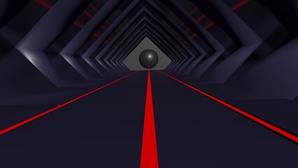 Abstract perspective on a tunnel going straight to a black sphere - 3D rendering illustration