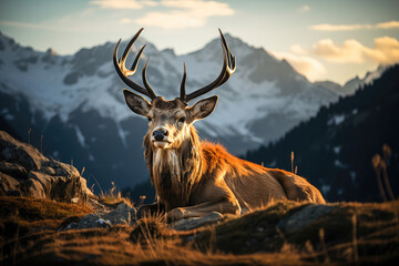 Majestic mountains with wild deer during day.

