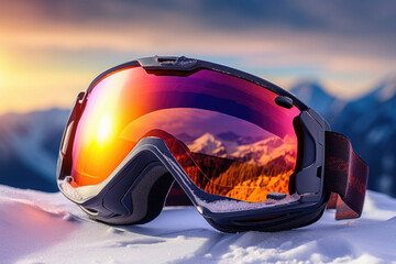 Snow glasses with rays of the setting sun. Winter sports equipment. Generative AI - obrazy, fototapety, plakaty