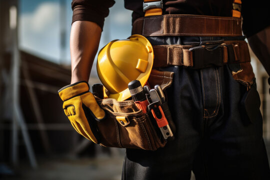 Handyman with tools belt. Detail of man hands holding work gloves and wearing tool kit on waist. Generative AI