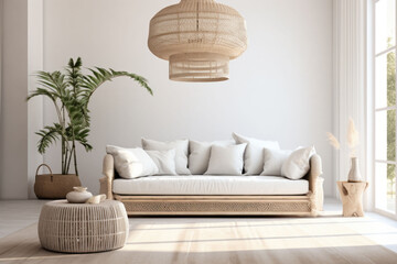 Living room in nordic minimalist bohemian style. Rattan chandelier, white sofa and small table. Generative AI