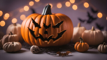 Halloween background with pumpkins. bats and spiders on dark background