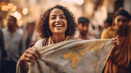 Close-up shot of one of the women, map in hand, looking up and pointing towards a direction, excitement evident in her eyes. AI Generated - obrazy, fototapety, plakaty