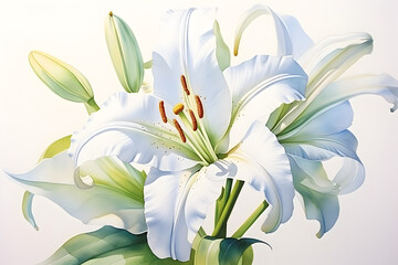 Fototapeta na wymiar Watercolor lily 2 : elegant watercolor painting that captures the timeless beauty of a single, blooming white lily in a crystal-clear vase. natural light, clean, uncluttered