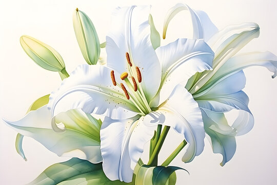 Watercolor lily 2 : elegant watercolor painting that captures the timeless beauty of a single, blooming white lily in a crystal-clear vase. natural light, clean, uncluttered