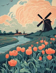 Fotobehang windmill and tulips, typical landscape in Holland, risograph vintage style illustration © NAITZTOYA