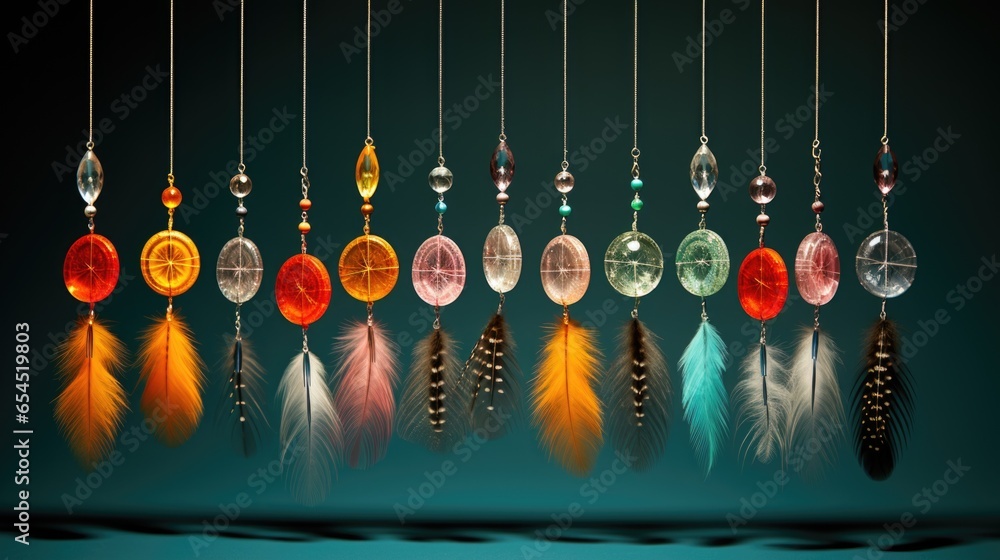Poster a bunch of different colored feathers hanging from strings. ai.