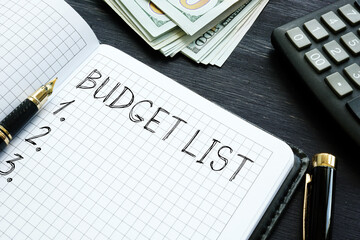 Budget list is shown using the text and photo of calculator and dollars