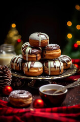 Christmas chocolate donuts with a cup of coffee, Generative artificial intelligence