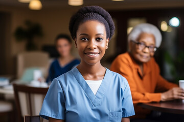 Young African American woman, nurse wearing scrubs and posing for a picture in a retirement home, internship in a nursing school.