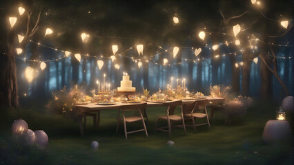 3d illustration of a beautiful wedding table in the forest at night