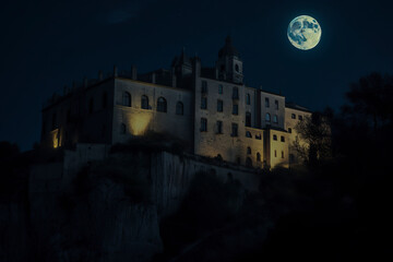 Fototapeta na wymiar medieval hilltop village at night with full moon, ai generative