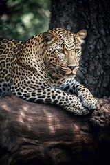 Majestic Leopard: A Wild Cat Camouflaged Among the Trees in the African Savannah, ai generative